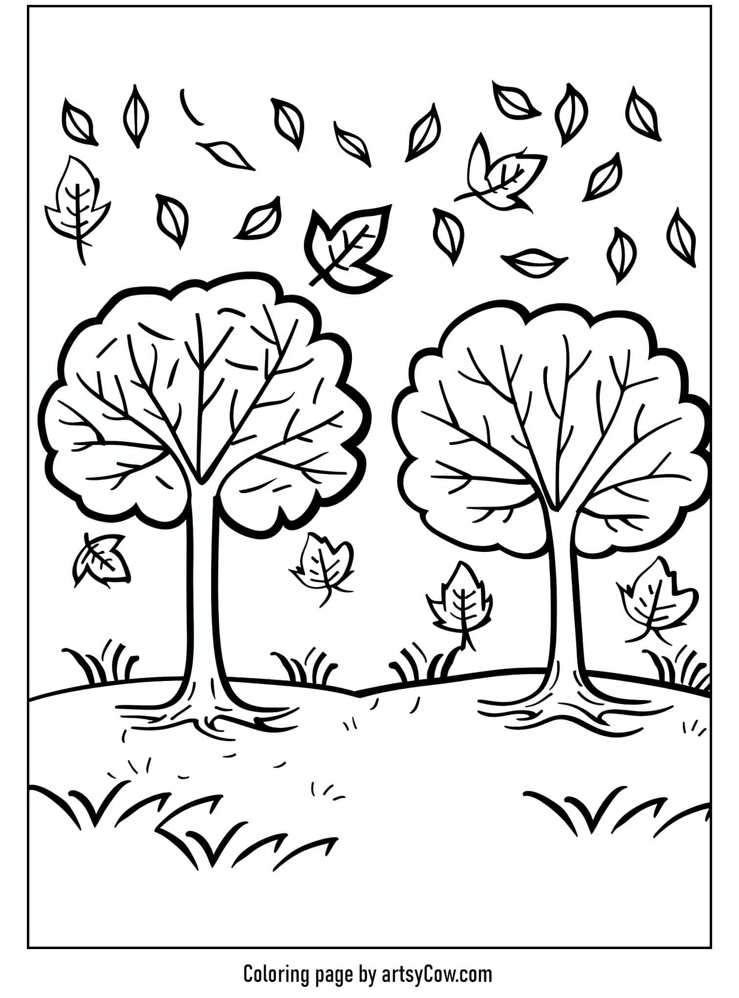 two trees with scattered leaves
